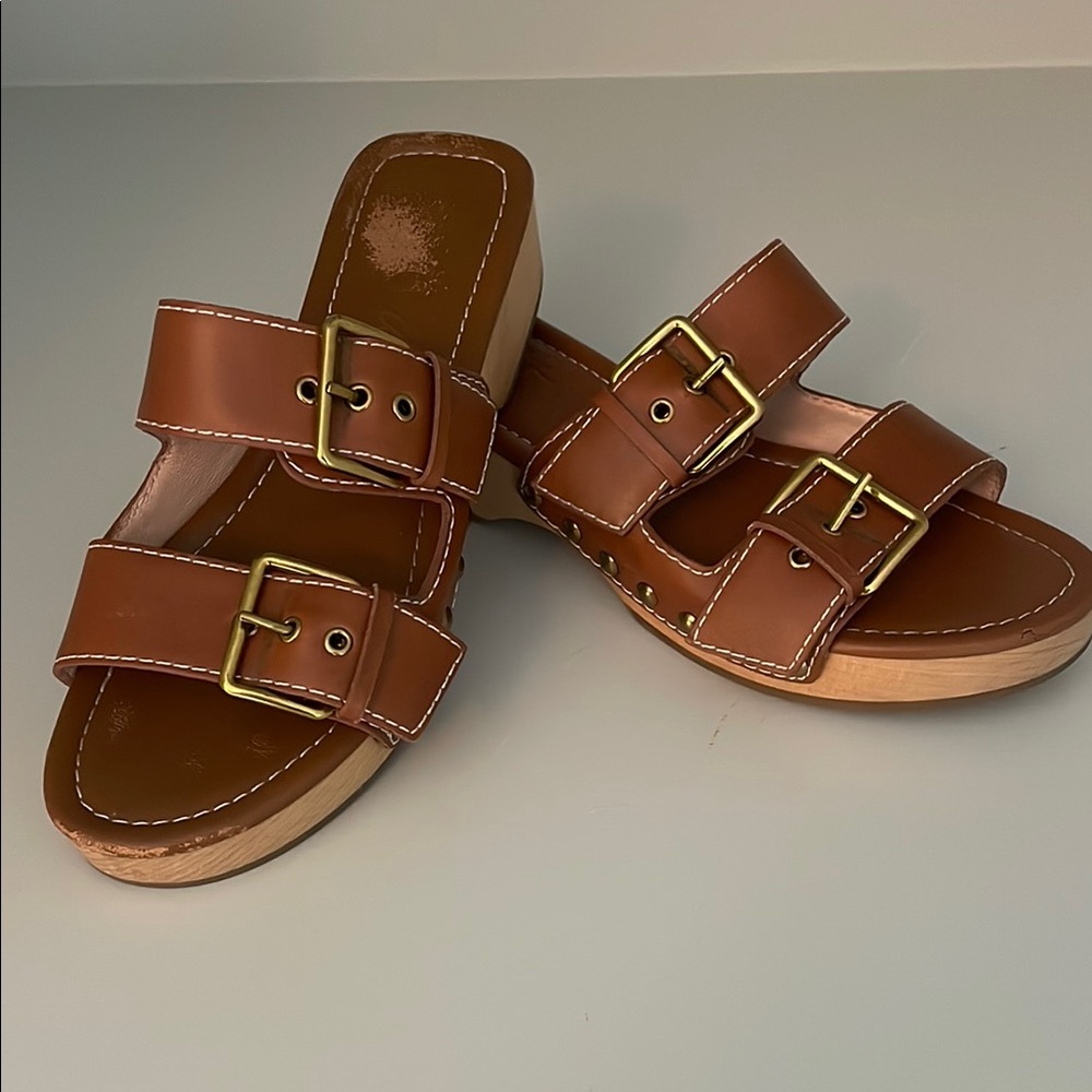 J. Crew Brown Leather Mules with Gold Buckles